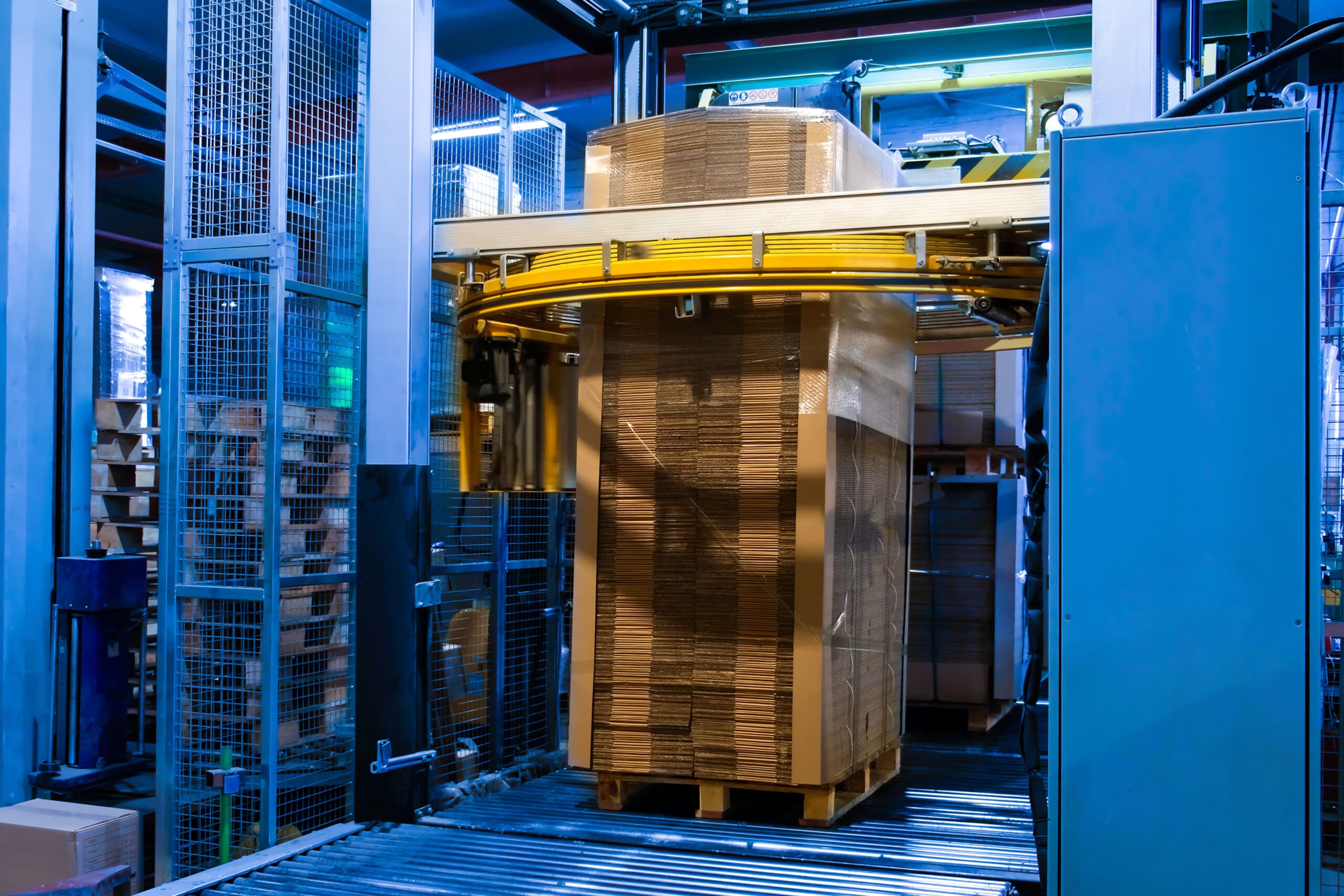 A pallet of cardboard in the process of being stretch-wrapped