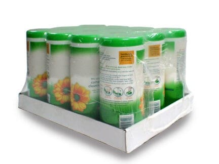 A shrink-wrapped case of cleaning wipes