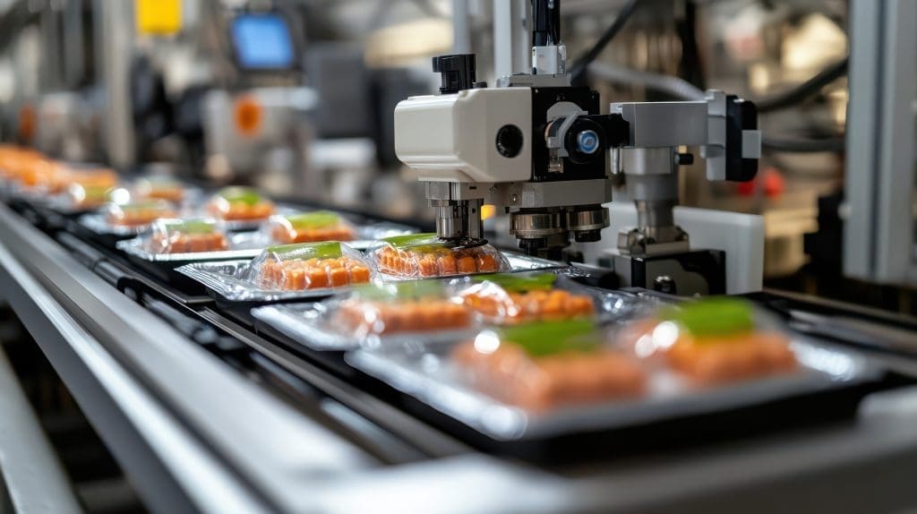 Automated food packaging line in a factory.