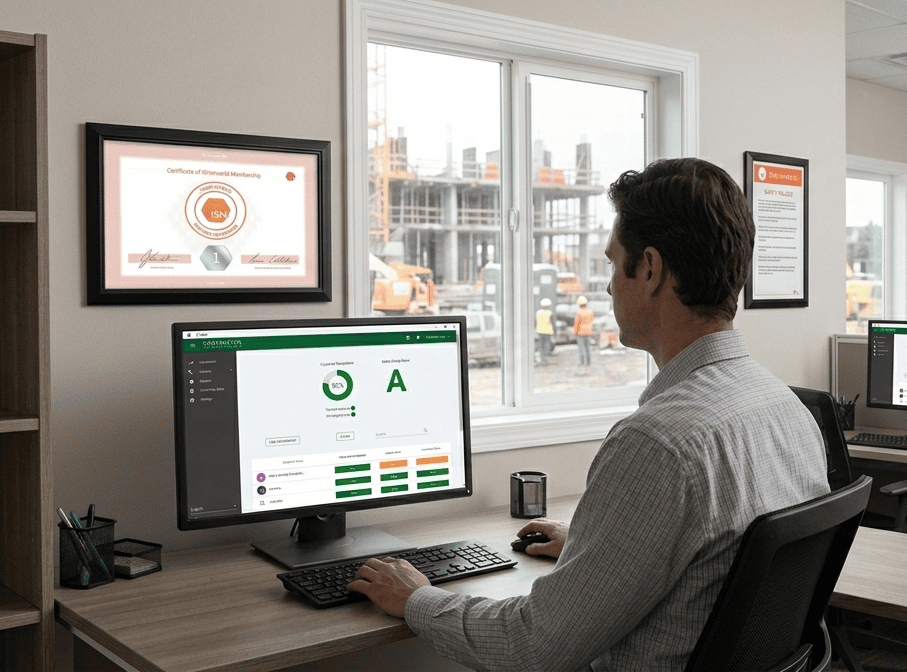 A working at a computer in a construction office.
