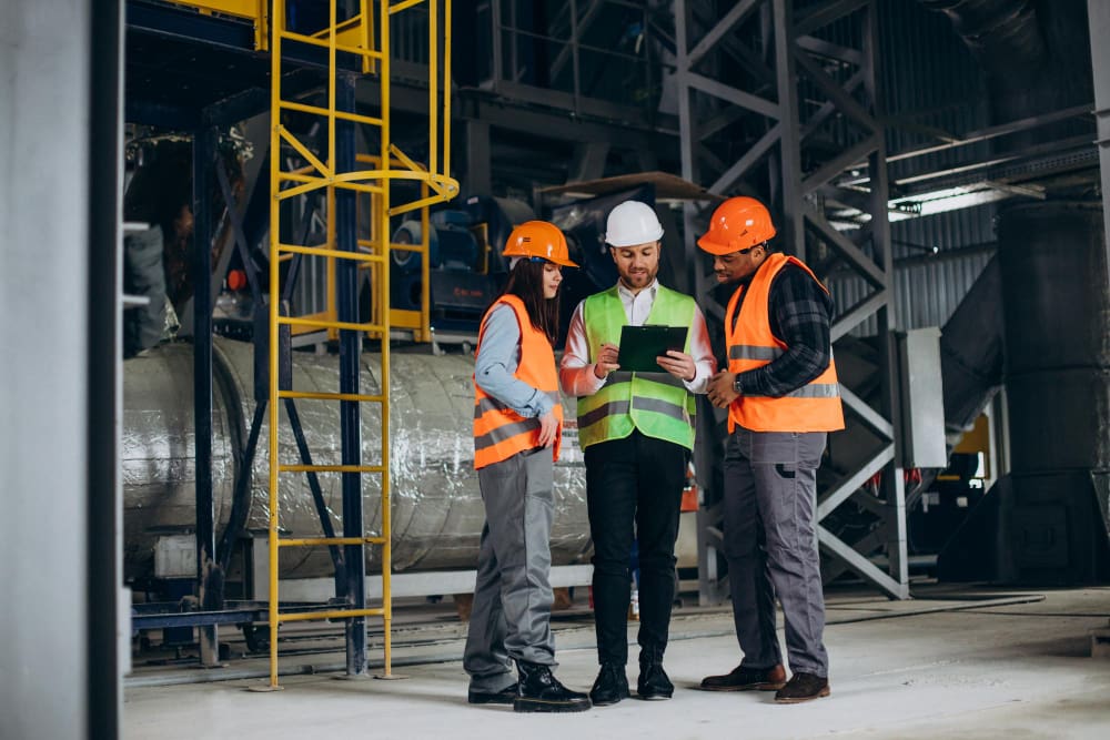Three people in safety gear reviewing a document.